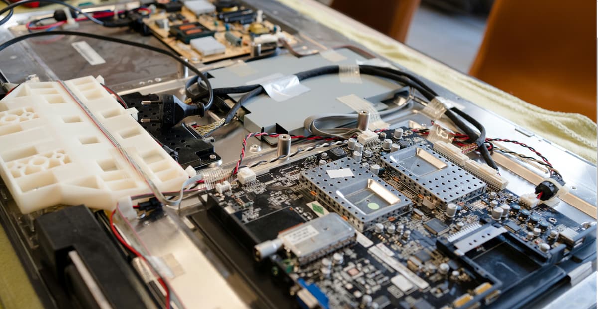 Professional technician working on TV circuit board